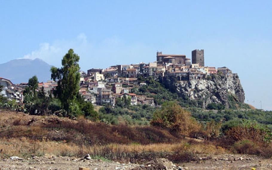 The tower of the Norman castle sits on the highest point of the hilltop town of Motta Sant’Anastasia in Sicily. The tower gave the castle’s occupiers a good view of the surrounding valley and any approaching forces.