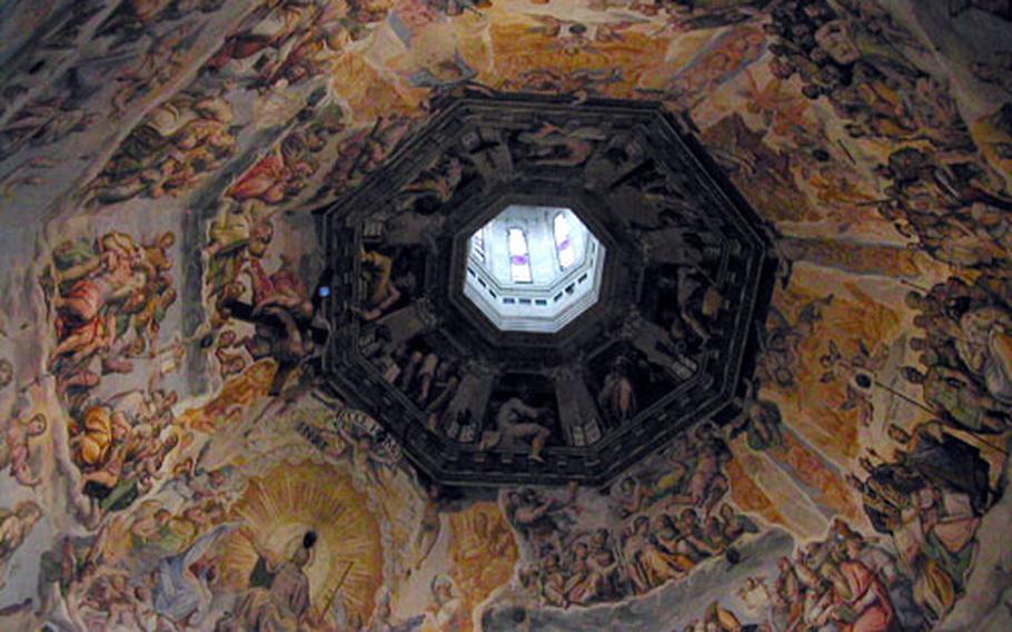 The dome of Florence’s Gothic Duomo holds “Last Judgment,” one of the largest paintings of the Renaissance. A good time to view it is while climbing to the top of the cathedral.