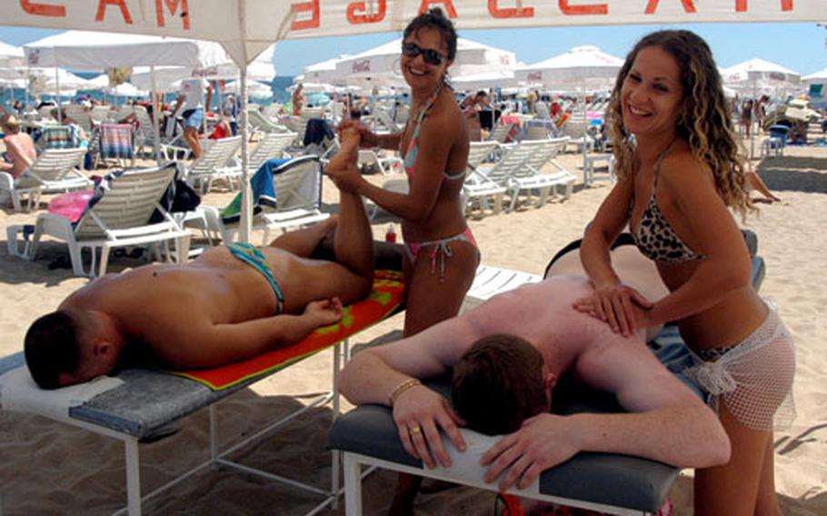 At the Golden Sands resort north of Varna, Bulgaria, massages on the beach can be purchased for as little as $25 for 45 minutes, and less money for shorter massages.