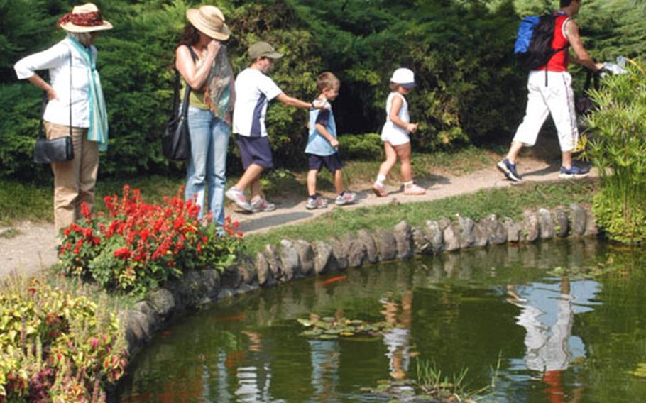 Tourists look at Japanese koi carp and their own reflections at Parco Sigurtà, a privately owned and operated facility.