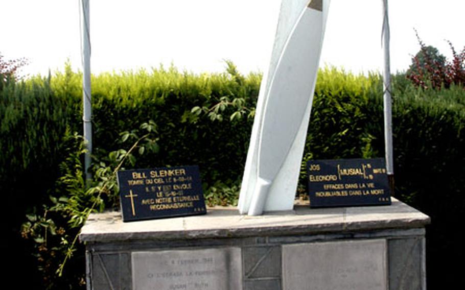 This monument is to a B-17 crew whose bomber crashed into a field near the town of Macquenoise, Belgium. A section of the aircraft’s propeller is part of the memorial.