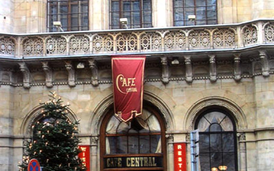 A decorated tree stands outside Café Central, the most famous coffeehouse in Vienna.