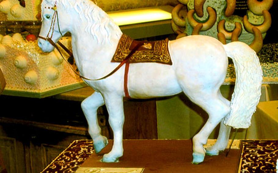 A Lipizzaner made of marzipan is on display at the free museum at Demel Confectioners. The Lipizzaner stallions are the featured performers at the Spanish Riding School in Vienna.