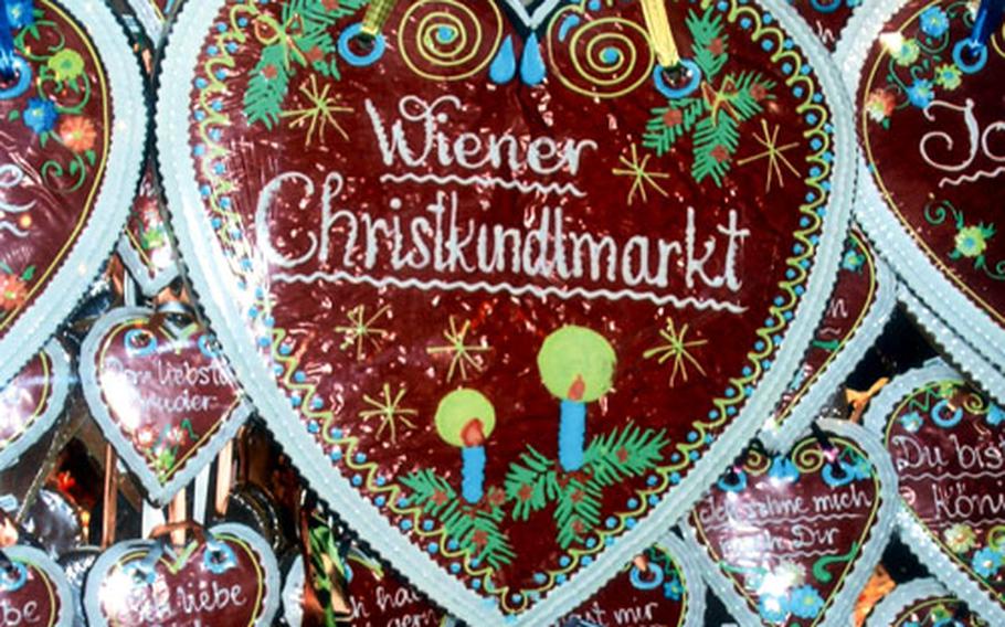 Gingerbread hearts decorated for the season are familiar sights at Vienna’s Christmas markets.