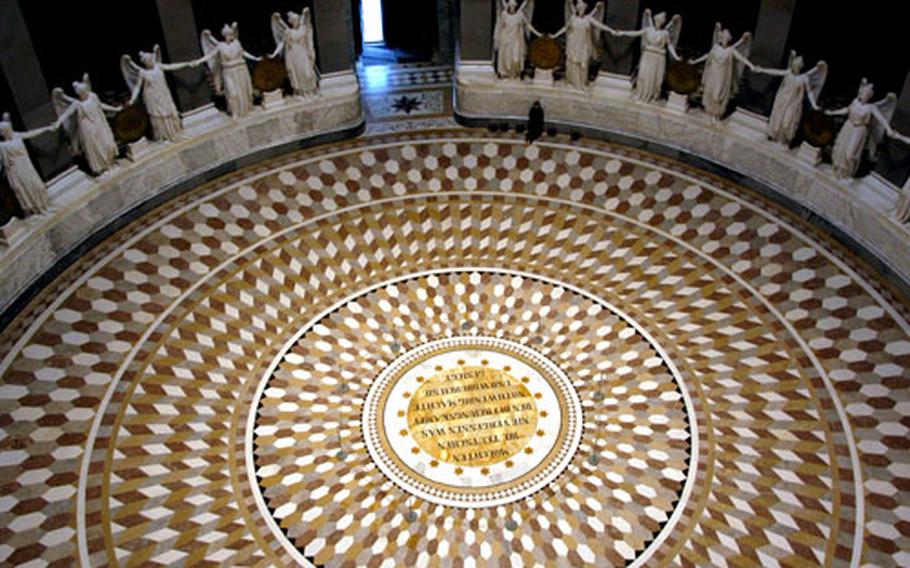 The view from the upper galleria shows the the decorative marble floor of the Befreiungshalle, or Liberation Hall.