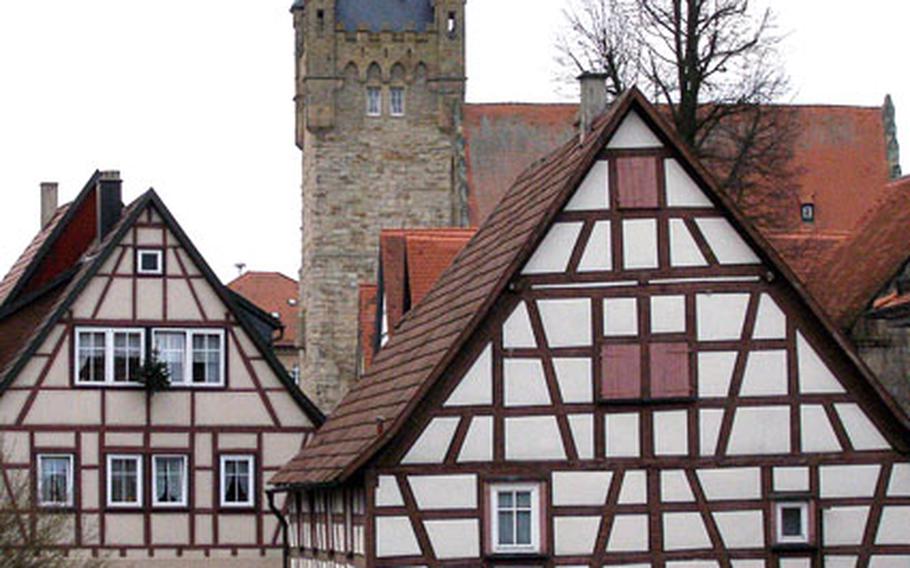 Half-timbered houses ring Bad Wimpfen&#39;s Blauer Turm, or Blue Tower, the town&#39;s landmark. Built around 1200, it is about 192 feet tall and has 167 steps leading to a platform with a view of the town and the Neckar River valley.