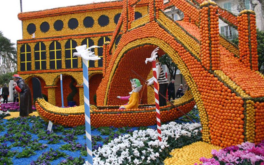 A scene made from oranges, lemons and flowers at Biovés Gardens in Menton, France, honors one of Europe’s most famous carnivals — the Carnevale di Venezia.