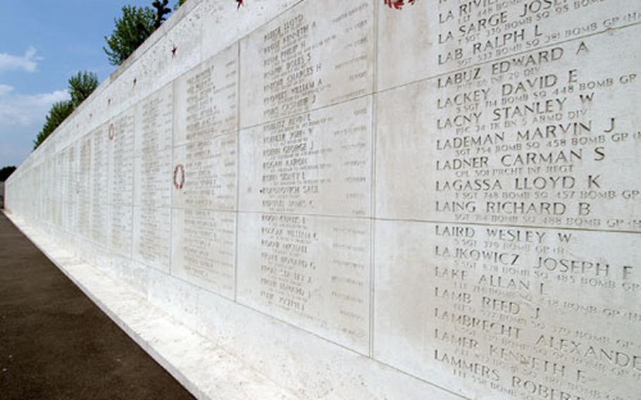 Some of the 1,722 names of missing American servicemembers inscribed in one of two walls at Netherlands American Cemetery in Margraten, Netherlands.