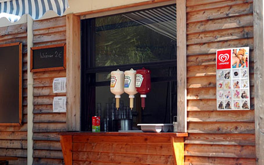 Swimming can make you hungry. At the Strandbad Waidsee, near Heidelberg, Germany, the snack bar sells wurst, french fries, ice cream and a variety of drinks. Some days, a restaurant also on site opens a beach bar that sells Mojitos with real Cuban rum.