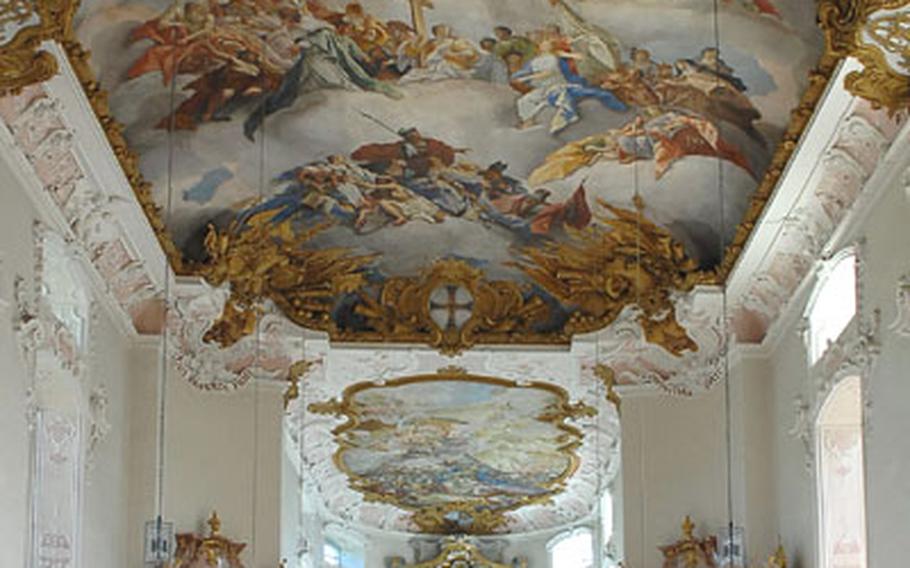 The Castle Chapel, its ceiling decorated with biblical scenes, was built in Baroque style, in the 18th century.