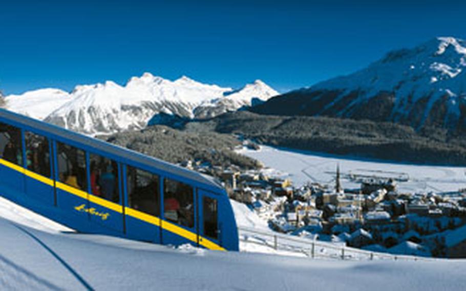 A funicular chugs up from St. Moritz to the higher slopes of the Corviglia.