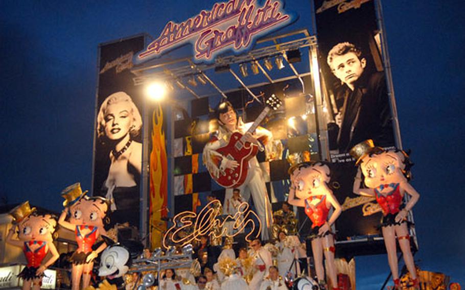 This giant float at the Viareggio, Italy carnival parade in February 2007 featured a giant Elvis and a quartet of Betty Boops. An Elvis look-alike belted out tunes from the float.