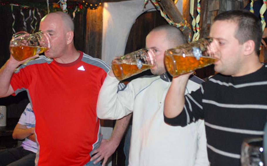 Siegi Tours’ beer-drinking contest is as old as the business itself. Here, contestants test their skills during a Presidents Day ski tour attended by American skiers.