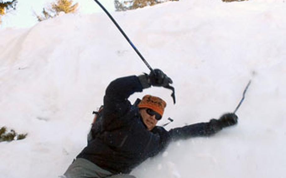 Bavarian American Ski Club officer Nate Atwood tackles the last dregs of powder at Flachauwinkl over Presidents Day weekend while on a ski trip organized by Siegi&#39;s Tours.