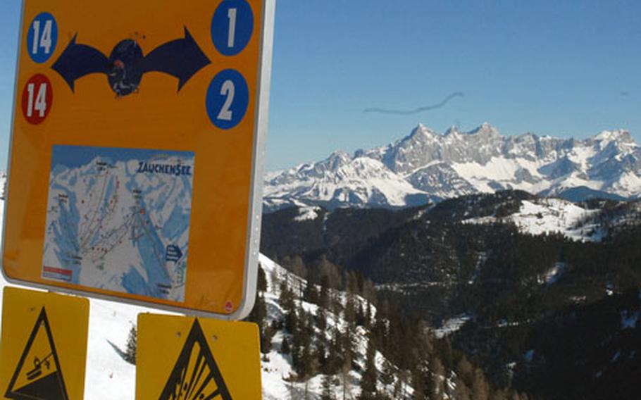 A sign points to the runs for Zauchensee and Flauchanwinkl in the Ski Amadé region.