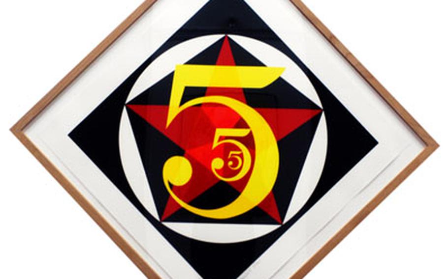 This eight-color screenprint from cut stencils is titled “The Small Diamond Demuth Five.”