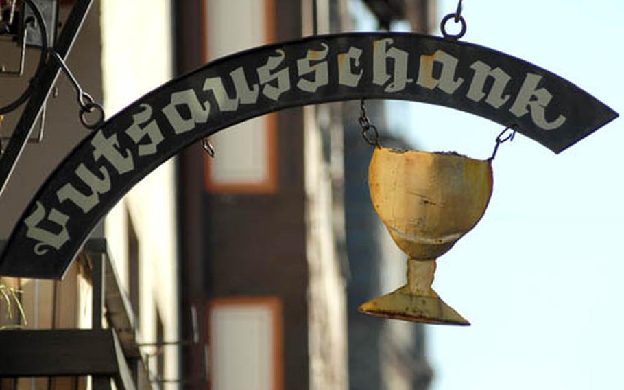 Like many towns along the Rhine River, Oberwesel is known for it wine. Here a sign announces a place where wine direct from the winery is served.