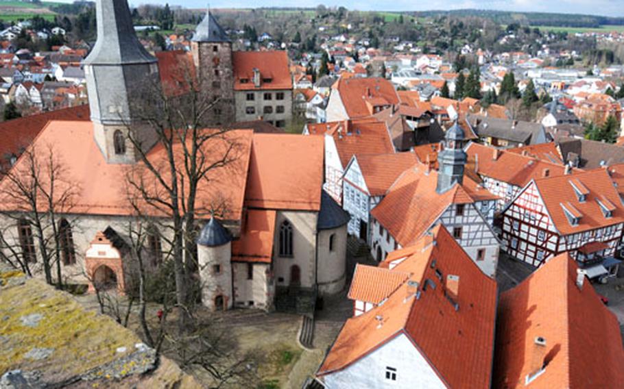 The Evangelische Stadtkirche, seen from the town&#39;s Hinterturm, dominates the center of Schlitz.