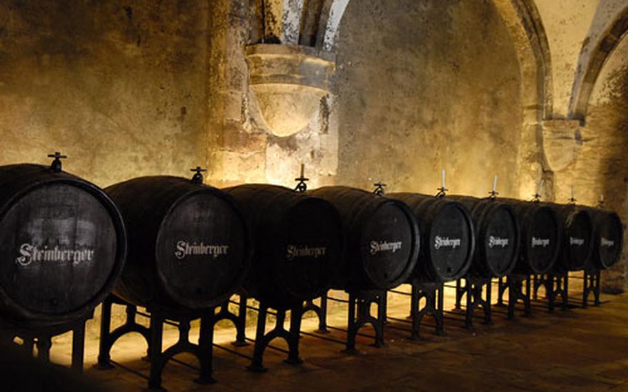 A row of wine kegs in the "Fraternnei," a Gothic room used by the monks as a workroom. Today it is used for wine-tastings.