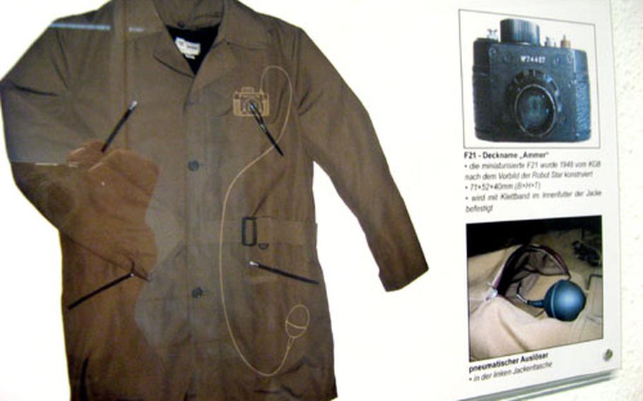 A jacket outfitted with a spy camera is on display at the Stasi Museum in Berlin.