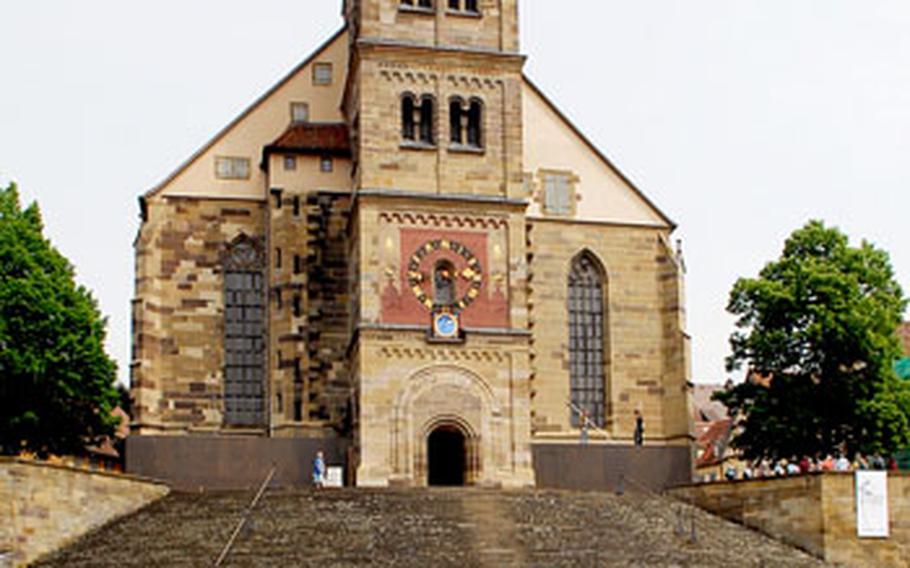 St. Michael’s Church in Schwäbisch Hall was built in the 12th century, but much of today’s structure dates to the 15th. Every summer the church’s stairs become an open-air theater with seating for the spectators on the market place (in the foreground).