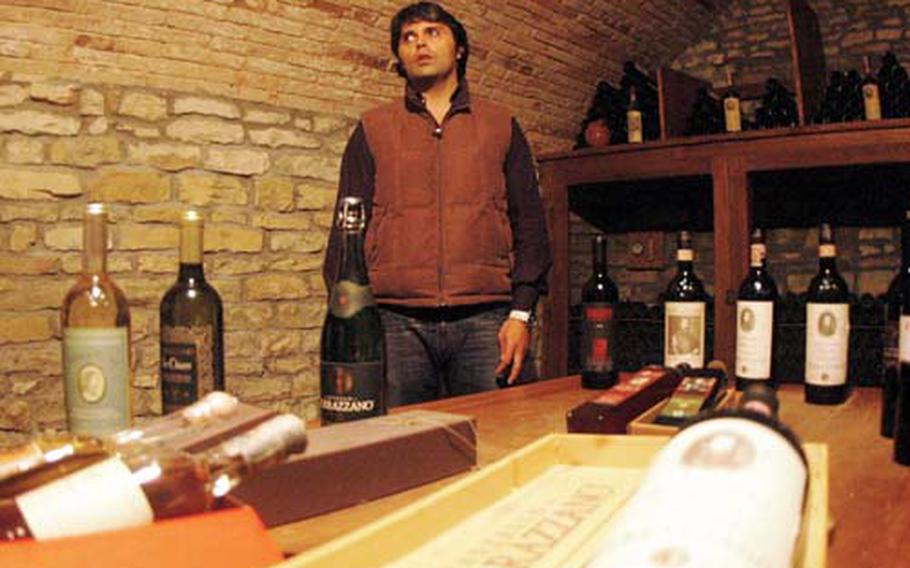 Tour guide Simone Moduegno explains the different aging times and ingredients for various wines produced.