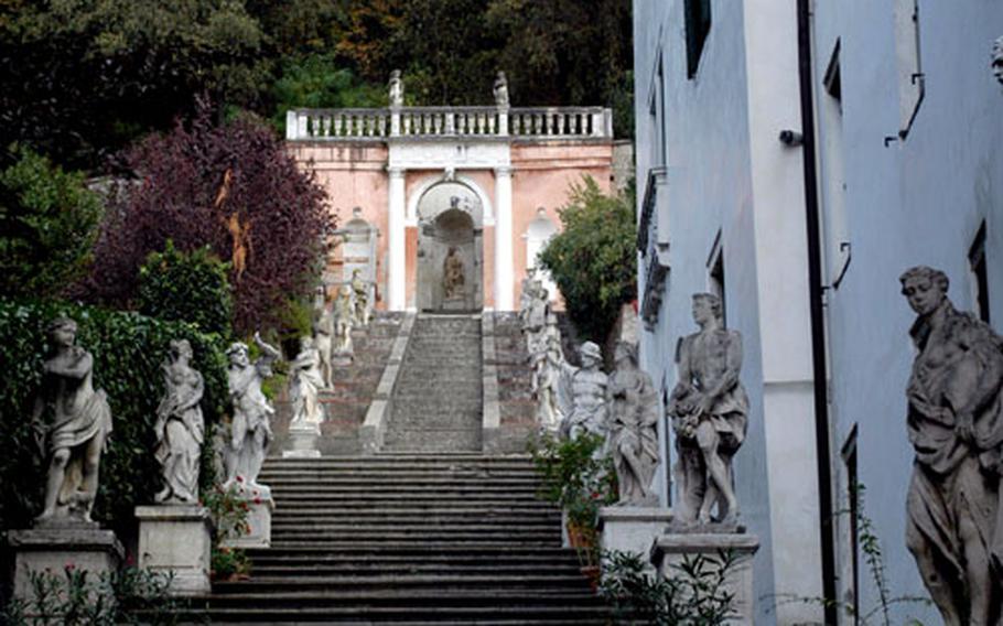 Villa Noni-Mocenigo features an elaborate garden that can be seen through its gates. It’s located along a cobblestone road that starts in the heart of the Monselice’s medieval center and winds its way up the mountainside.