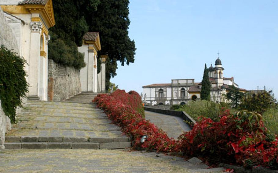 After passing through the Porta Romana, visitors to Monselice, Italy, can walk past six chapels on their way to the Church of St. George and an adjoining villa built by the Duodo family in the 16th century.
