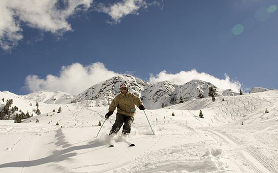 Reporter Seth Robson maneuvers down a slope at the Hochoetz ski area in Austria. Hochoetz is not as well-known or even half the size of its better-known neighbor, Sölden, but it has plenty of great snow, interesting terrain and spectacular scenery.