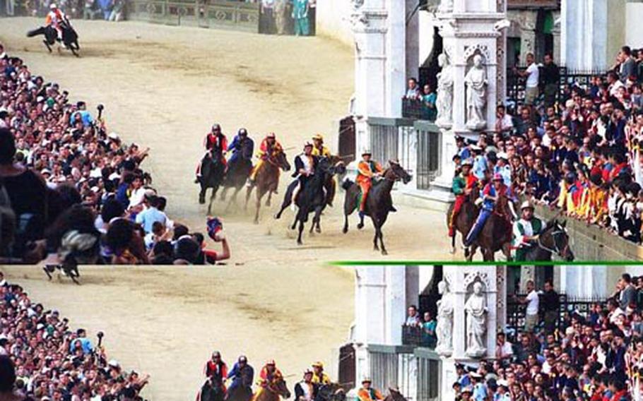 The Palio di Siena consists of three laps around the Piazza del Campo. The race lasts about 80 seconds, and the winner receives a painted silk banner, the “palio.”