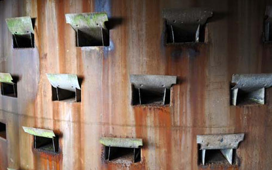 What looks like an original piece of modern art with delicate colors is actually part of the cooling system of a blast furnace at the former Völklinger Ironworks.