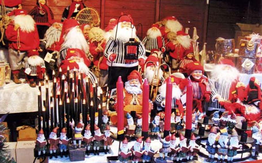 Booths display a variety of holiday decorations from advent candles to Norwegian elves called “nisse.”