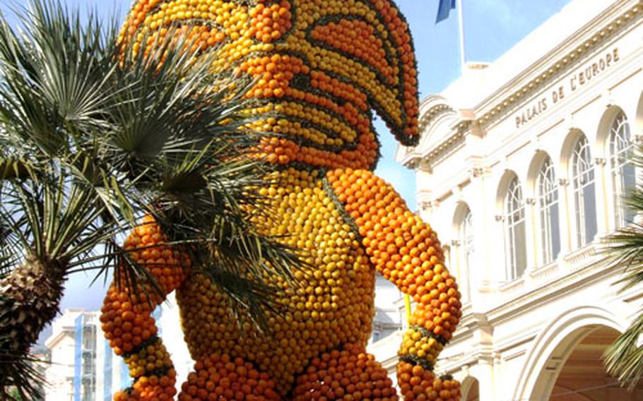 One of the impressive creations at the 2008 Lemon Festival is this massive creation made of lemons and oranges and resembling a South Seas statue.