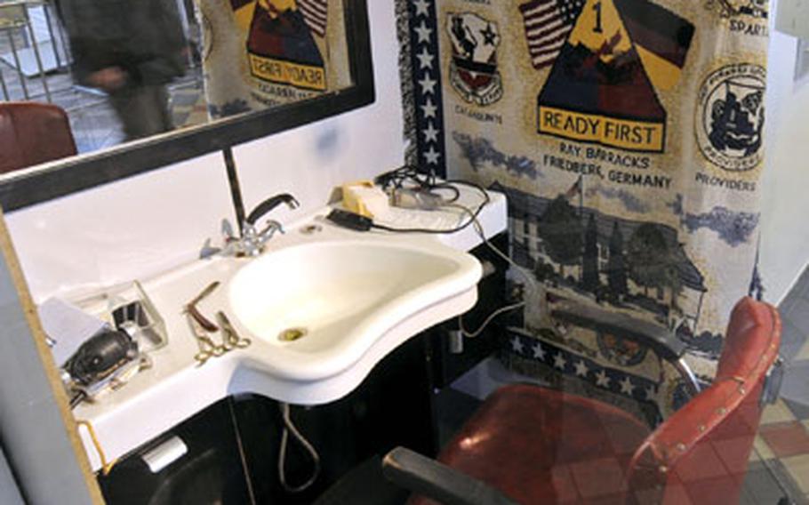 The Army and Air Force Exchange Service barber shop used by German Karl Heinz Stein to give Elvis Presley regular haircuts is part of the exhibit at the Wiesbaden city hall.