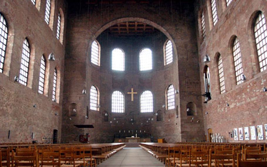 A view inside the cavernous Basilica of Constantine, which is now used as a Lutheran church. The building dates from the fourth century.