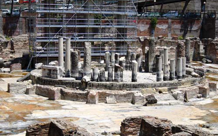 The Temple of Serapis, or macellum, in Pozzuoli, a suburb of Naples, Italy, is an ancient food market from the 2nd century AD.