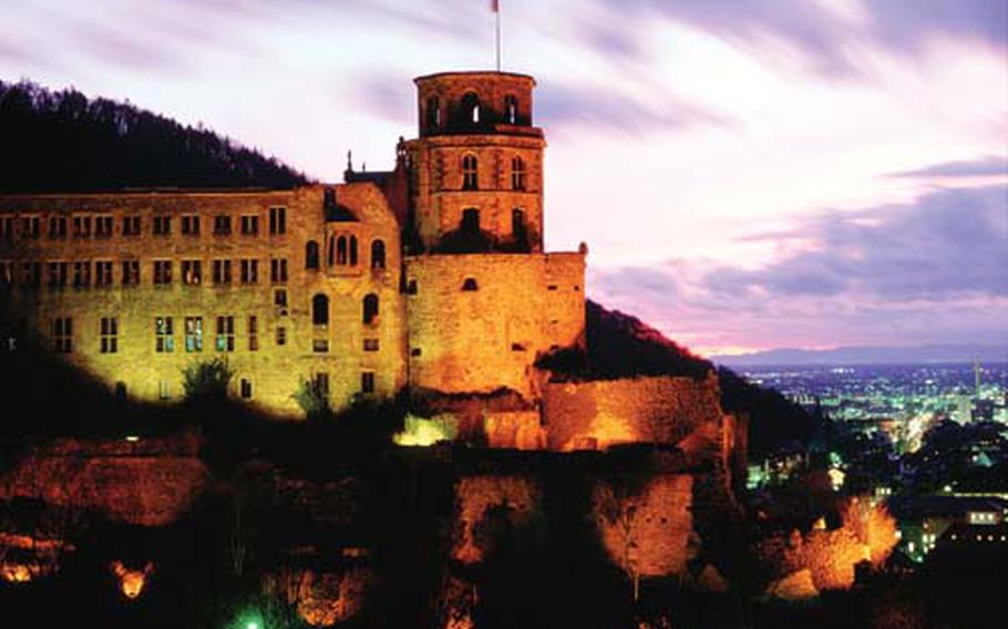 The east side of Heidelberg Castle with the view over the city always looks spectacular when illuminated soon after sunset.