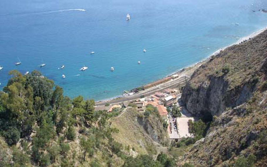 Panoramic view from the hilltop town of Taormina toward the beaches.