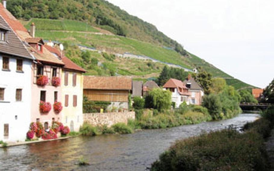 The Thur River runs past Thann, which sits at the southern end of the Route de Vin through the Alsace and the eastern end of the road along the ridge of the Vosges Mountains.