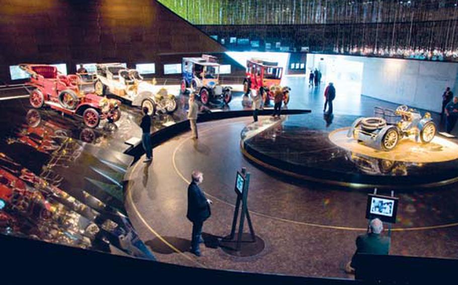 The “Birth of a Brand” exhibit in the Mercedes-Benz Museum features automobiles from the beginning of the company’s efforts in modern automobiles. The exhibit showcases what the museum calls the first modern automobile, the 35 HP Mercedes.