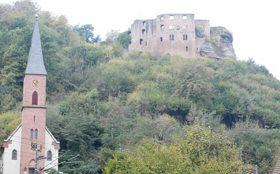 The ruins of Frankenstein castle sit above the village of Frankenstein in Rheinland-Pfalz, about a dozen miles east of Kaiserslautern, Germany.