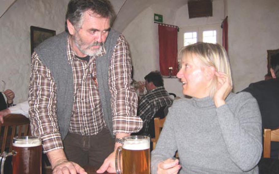 Rudi Loish and Heidi Clement-Owens enjoy Zoigl beer at Alter Pfarrhof Zoiglschanke in Altenstadt, near Weiden in der Oberpfalz.