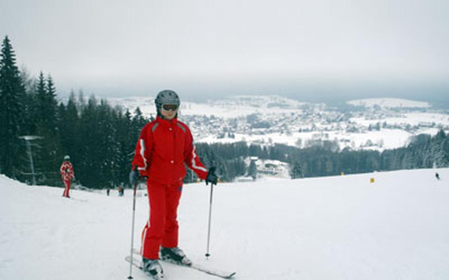 Netzaberg Middle School student Riley Campbell, 12, pauses before starting down the slope at Mehlmeisel, Germany, in December.