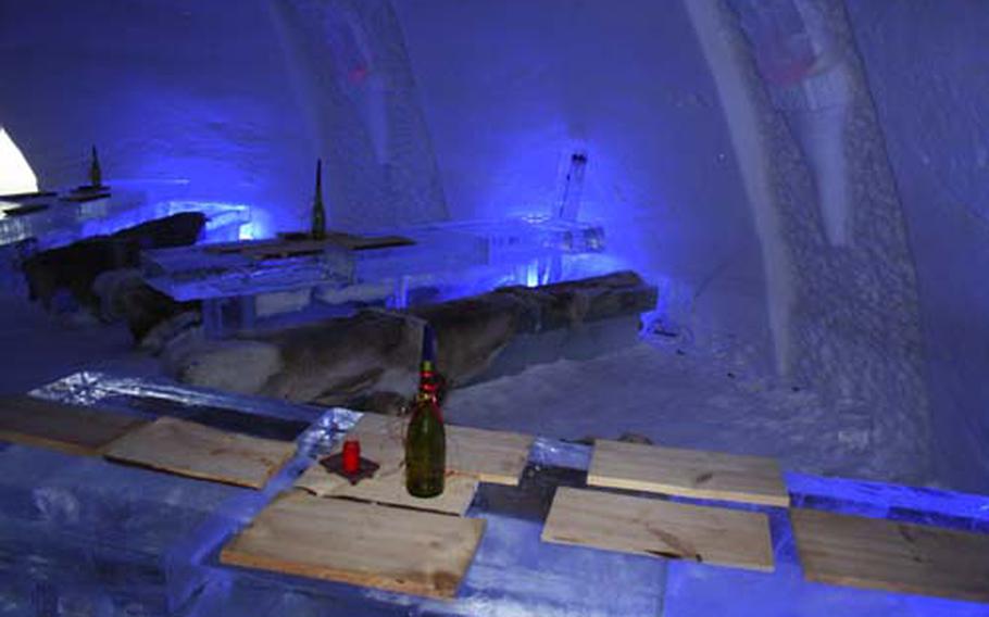 The bar at the Snow Village SnowHotel ner Laino, Finland, provides drinks with plenty of ice.