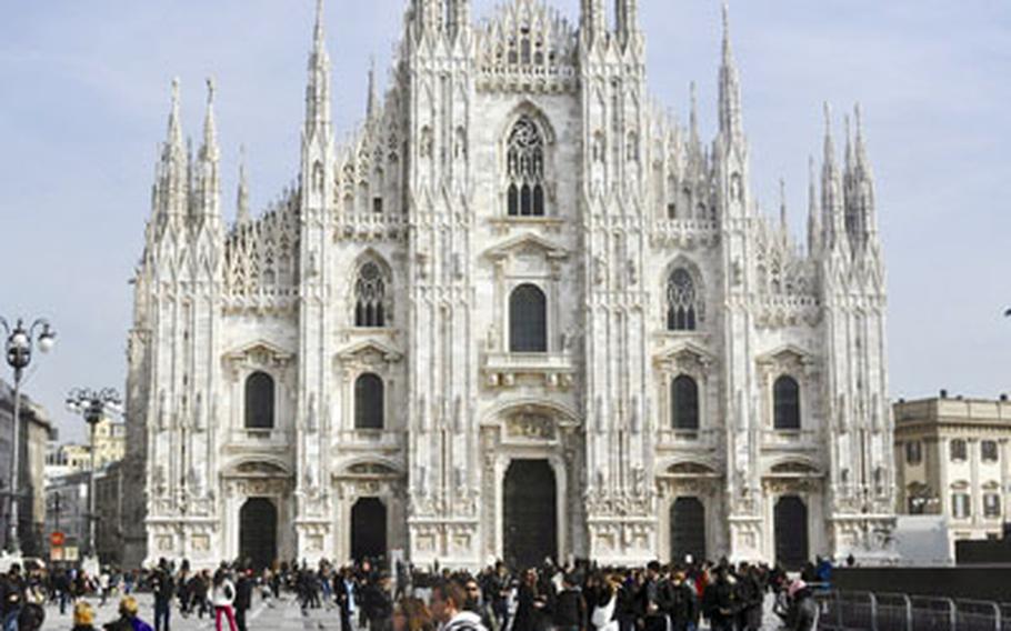 Milan’s Piazza Duomo, one of the nicest public squares in Europe, is dominated by its Gothic cathedral. The heavily ornamented structure took about four centuries to construct.