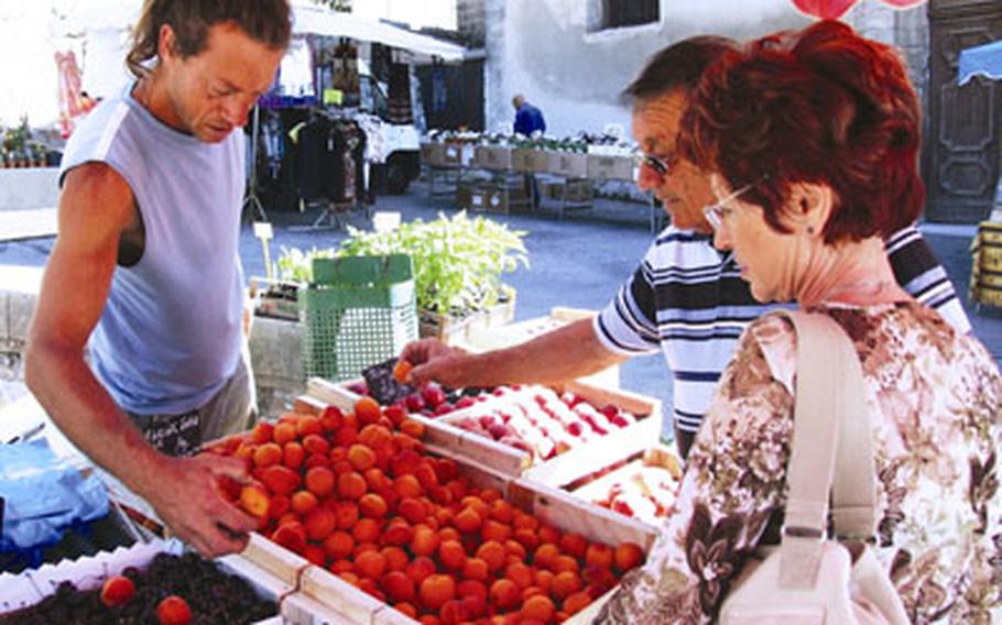 Careful shoppers assess the wide variety of fruits and vegetables available at the market.