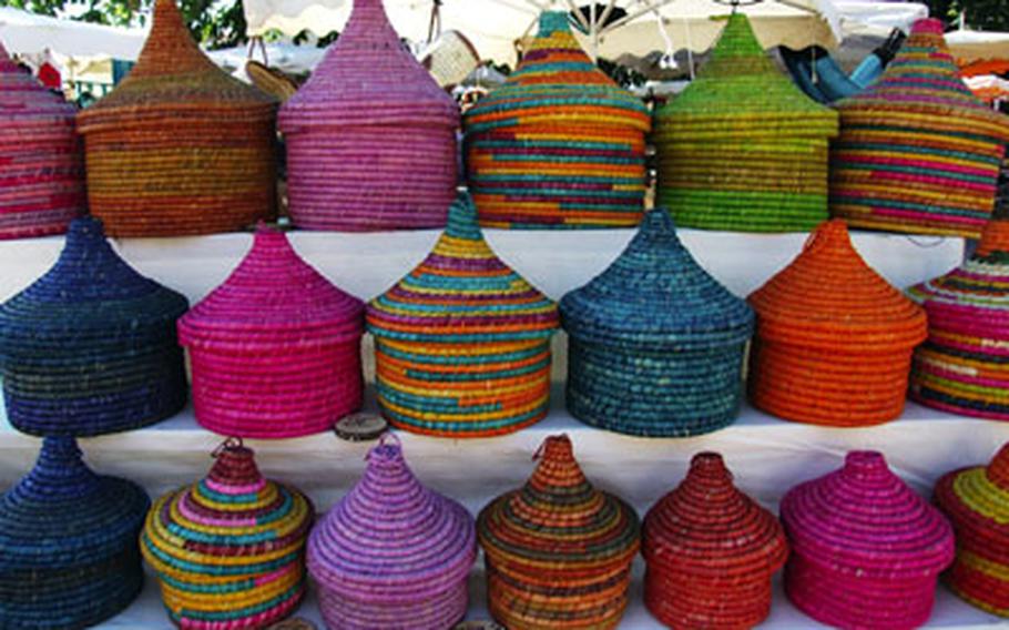 Colorful baskets are a popular item at the market. Many of the wares for sale in Reillanne are brought in by merchants who obtain them in other countries.