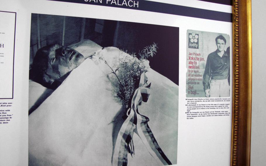 This display honors Jan Palach, a 20-year-old student who burned himself to death in 1969 to protest the Soviet occupation. He became a national hero and symbol of resistence.