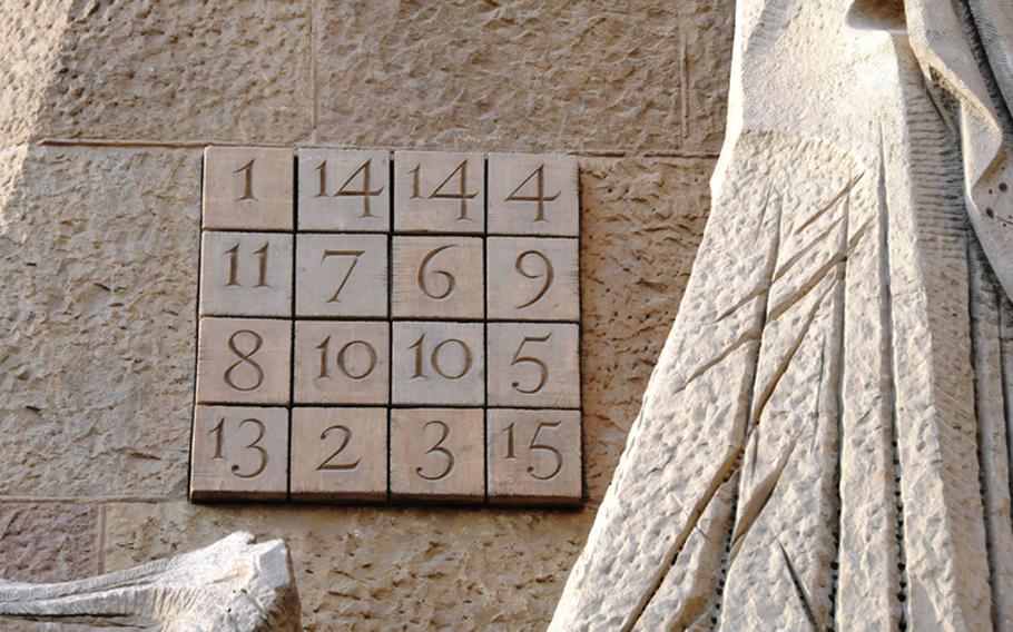 The number puzzle, displayed on La Sagrada Familia, commemorates the age Jesus was said to be when he died. No matter how you add up the numbers , horizontally, vertically or diagonally, the sum always equals 33. 