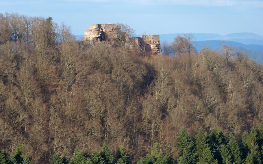 The ruins of the Wegelnburg, a castle on the German side of the border, as seen from Chateau de Hohenbourg, on the French side.